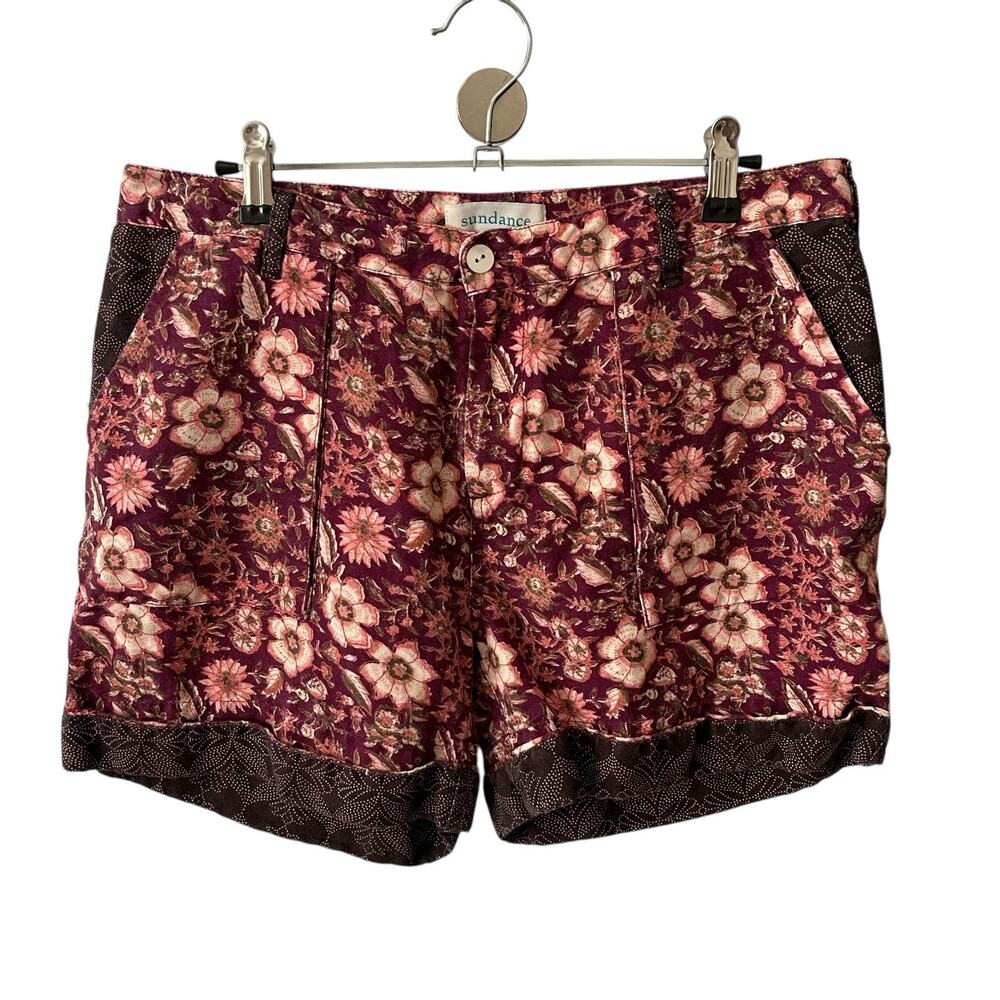 Sundance PM Petite Medium Casual Cuffed Shorts Maroon Floral Linen Cotton